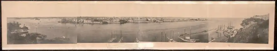 Panoramic view of Havana, showing the entrance to the harbour and inner harbour; taken from Cabañas Fortress showing Morro Castle on the extreme right-hand Malecón