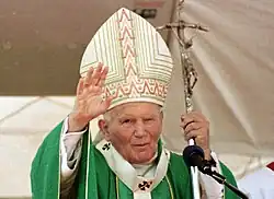 Pope John Paul II holding the ferula of Pope Paul VI on 5 October 1997