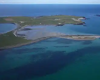 Papa Stronsay from the air. The Golgotha Monastery can be seen at the top right.