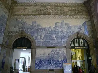 Interior of the São Bento railway station, Porto, Portugal, around twenty thousand tiles (551 square meters) installed in the building were created in the 1930s by the painter Jorge Colaço.[44]