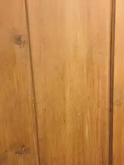 Interior of door where the wood grain has not been painted. This part of a closet is not in view of the public and shows what the wood looked like before grain was painted on.