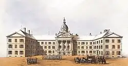Lightly coloured image of old Parliament buildings; central building with two wings, one at each end, jutting forward; entrance in centre of central building has a Palladian style entrance, wtih four pillars supporting pediment; small dome over the central building, set back from the entrance