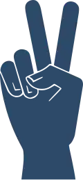 Right hand in blue making a V sign