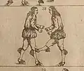 A kick to the knee as depicted in a Baroque Ringen treatise (Johann Georg Passchen 1659)