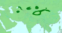 Map showing the highlighted range covering six areas from Turkmenistan east to China