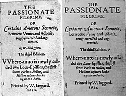 Two versions of a title page of an anthology of poems, one showing Shakespeare as the author, while a later, corrected version shows no author
