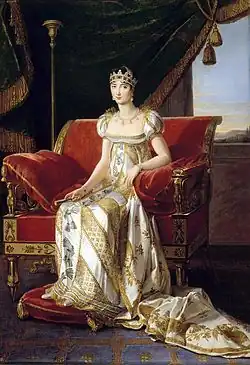 Pauline Bonaparte manteau de cour, a train attached at chest level, introduced by Napoleon,[20] 1808
