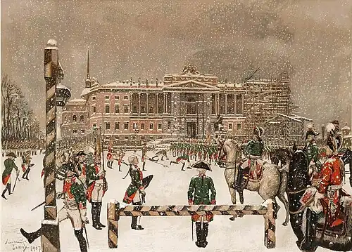 Military Parade of Emperor Paul in front of Mikhaylovsky Castle, 1907