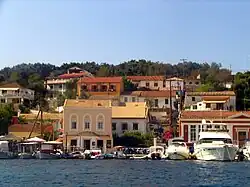 Rows of houses in Gaios, as seen from the strait