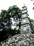Tháp Bút (Pen Tower) with a phrase "Tả thanh thiên" (meaning "Write on the sky") next to Hoàn Kiếm Lake (2007).