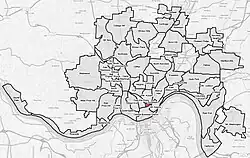 Pendleton (red) within Cincinnati, Ohio.