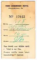 A vintage Penn Sherwood room card.