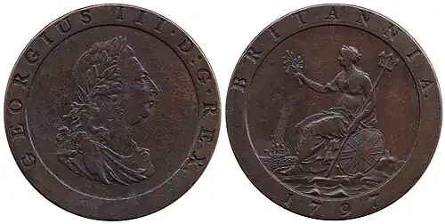 Copper coin, one side showing a profile view of a man; the other a seated woman holding a trident