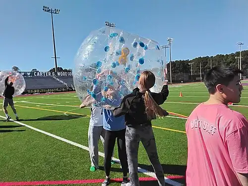 Playing a game at the 2025 fall pep rally