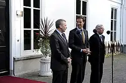 Prime Minister of Belgium Yves Leterme, Prime Minister Mark Rutte and Prime Minister of Luxembourg Jean-Claude Juncker at the Catshuis on 24 May 2011.