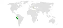 Map indicating locations of Peru and Serbia
