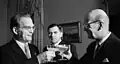Soviet politicians Mikhail Pervukhin, Andrei Gromyko and the Finnish prime minister Urho Kekkonen, in January 1956, concerning Porkkala.