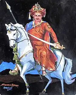 This painting represents one of the most popular Peshwas, Bajirao I is regarded as a military genius by many.His battles mostly involved long chases, Guerrilla warfare and ingenious utilization of cavalry. He fought in over 40 battles throughout his tenure as Peshwa and won all of them, most notably the Battle of Palkhed and Battle of Bhopal.