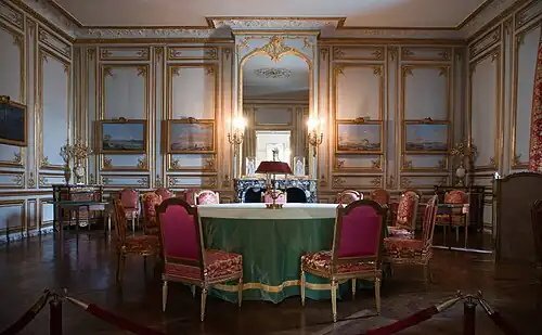 The Game Room in King's small apartments at Palace of Versailles. (1785). Chairs by Jean-Baptiste Boulard (1785), corner tables by Jean-Henri Riesener (1774).