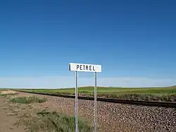 Sign along the railroad tracks in Petrel, North Dakota