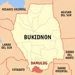 Map of Bukidnon with Damulog highlighted