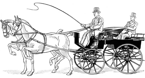 Drawing of a man holding a whip, sitting on top of an open carriage pulled by two horses.