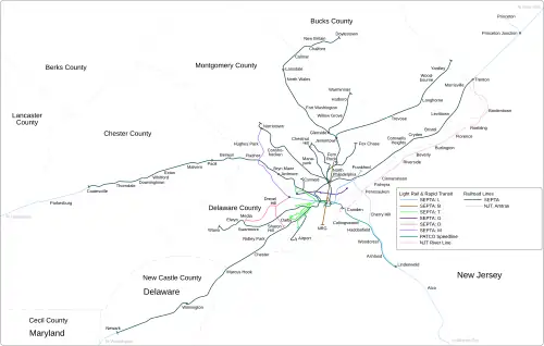 Rail lines converge to Center City Philadelphia in a hub-and-spoke model