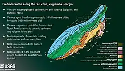 A USGS map of Piedmont rocks, their location, and general ages.