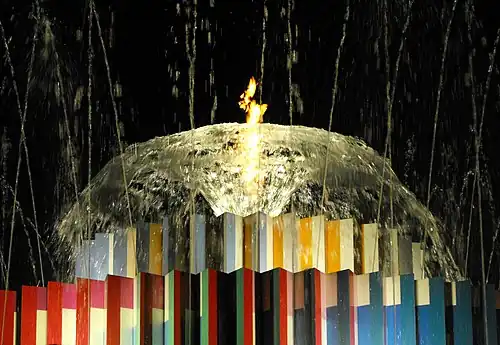 Closeup of the top of the fountain at night in 2013