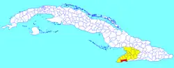 Pilón municipality (red) within Granma Province (yellow) and Cuba