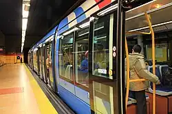 One of the light rail vehicles at Pinar de Chamartín, on line ML1.