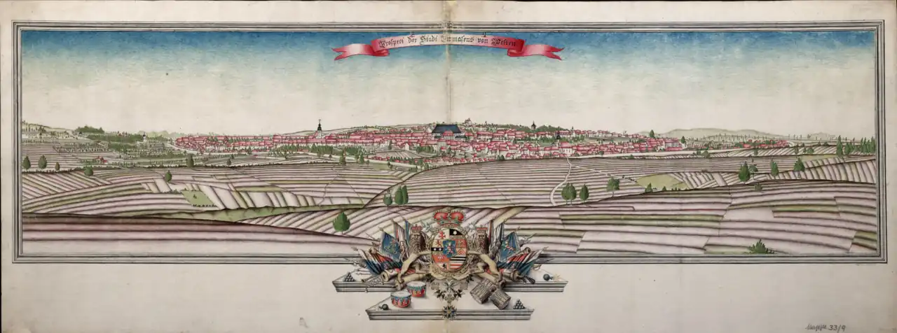 1790 City view of Pirmasens from the West with the palace in the middle, the drill house in the back and the city town hall in the front