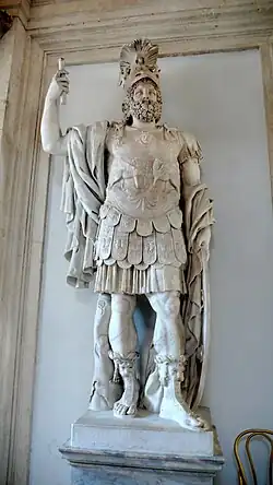 Statue of Mars from the Forum of Nerva, early 2nd century AD, based on an Augustan-era original that in turn used a Hellenistic Greek model of the 4th century BC, Capitoline Museums[22]