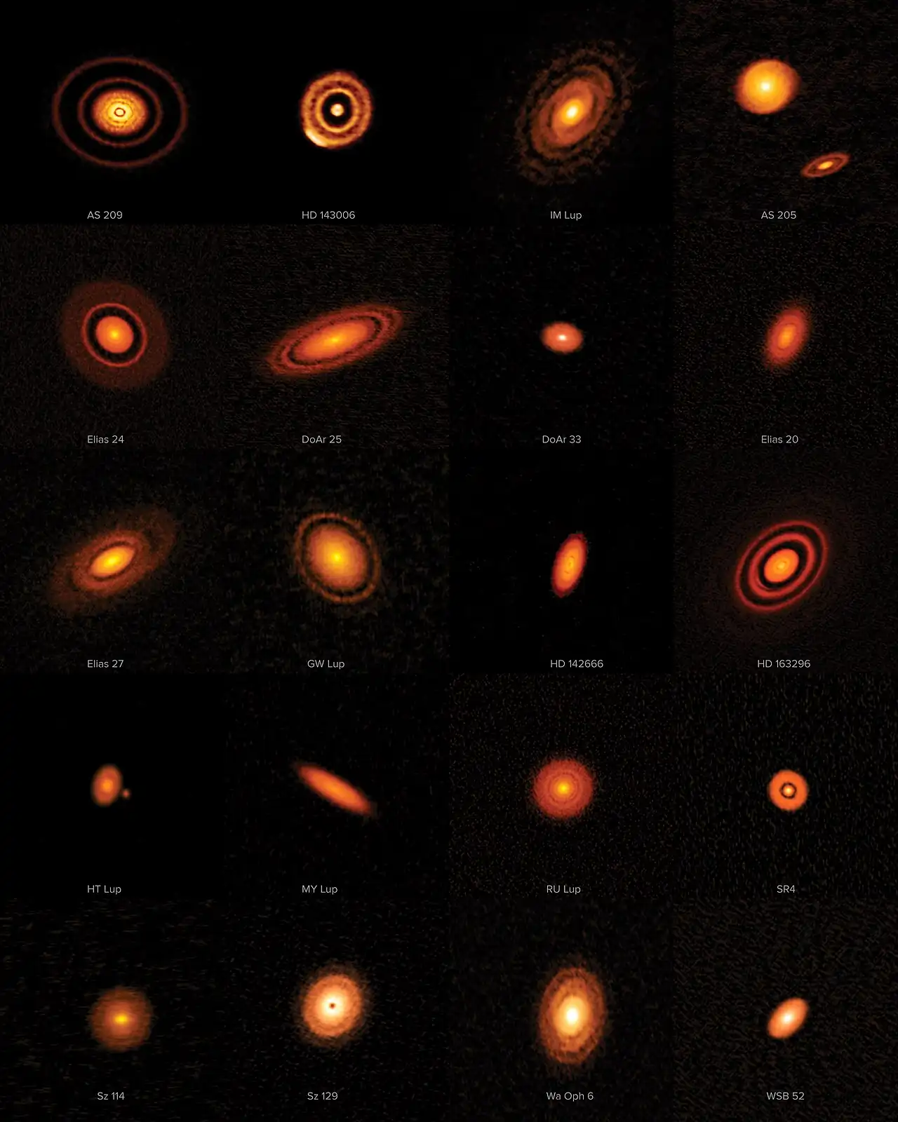 20 protoplanetary discs captured by the High Angular Resolution Project (DSHARP).[21]