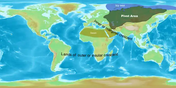 Image 26Sir Halford Mackinder's Heartland concept showing the situation of the "pivot area" established in the Theory of the Heartland. He later revised it to mark Northern Eurasia as a pivot while keeping area marked above as Heartland. (from Geopolitics)
