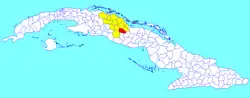 Placetas municipality (red) within Villa Clara Province (yellow) and Cuba