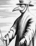 Early modern engraving showing a plague doctor in a long robe with a beak-shaped mask and brimmed hat, a form of protective dress used during plague outbreaks.