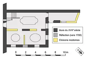 Plan simplifié d'une partie de bâtiment comprenant trois pièces et un escalier.