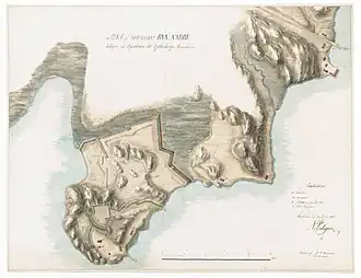 Hand drawn map from 1811 of the batteries on Rya Nabbe.