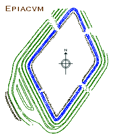 Plan, made by R. G. Collingwood in 1930, shows the unique skewing of the playing-card shape of Roman forts, and the similarly extraordinary set of ramparts outside the fort's wall.