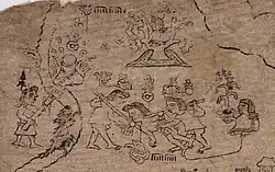 The assassination of Ixtlilxochitl I illustrated in a 16th-century Aztec manuscript. He appears laying on the ground with his eyes closed, struck by spears by warriors surrounding him. Nezahualcoyotl sits between the branches of a tree above the assassination scene.