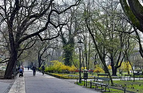 Planty Park. The outline of the former city walls and towers is marked with white stone. Here was the Bookbinders' Tower.