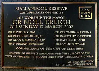City of Glen Eira plaque at Mallanbool Reserve, Murrumbeena