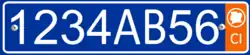 Fromer plate format with a single row of white alphanumeric characters on a blue background, and an orange bar on the right side containing the white letters CI at the bottom, and a white silhouette of the Ivory Coast inside a white circle at the top.