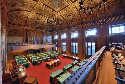 The baroque Plenary Hall of the Dutch Senate in the parliament building the Binnenhof, The Hague, 1666.