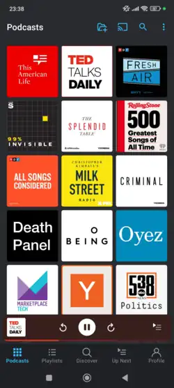 Screenshot showing subscribed podcasts in a grid