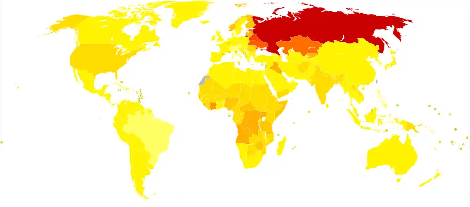Disability-adjusted life year for poisonings per 100,000&nbsp;inhabitants in 2004.[18] &nbsp;&nbsp;no data &nbsp;&nbsp;<10 &nbsp;&nbsp;10–90 &nbsp;&nbsp;90–170 &nbsp;&nbsp;170–250 &nbsp;&nbsp;250–330 &nbsp;&nbsp;330–410 &nbsp;&nbsp;410–490 &nbsp;&nbsp;490–570 &nbsp;&nbsp;570–650 &nbsp;&nbsp;650–700 &nbsp;&nbsp;700–880 &nbsp;&nbsp;>880