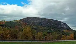 A relatively flat-topped mountain rising in the background. The trees near its base have some leaves in fall color. There is a roadway at the bottom, in the foreground.