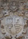 Coat of arms at the entrance of Olesko Castle. Quarterly coat of arms of Jan Daniłowicz h. Sas, Duke of the Duchy of Ruthenia (Ruthenian Voivodeship), and landowner of Olesko in 1605