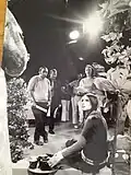 Polka Dot Door's first female host Nina Keogh with original producer Peggy Liptrott (right), floor director Al O'Malley (front left) and educational consultant L. Ted Coneybeare (left with tie) in background (1971).